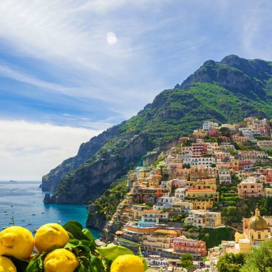 View of the town of Positano with lemons, Amalfi Coast, Italy