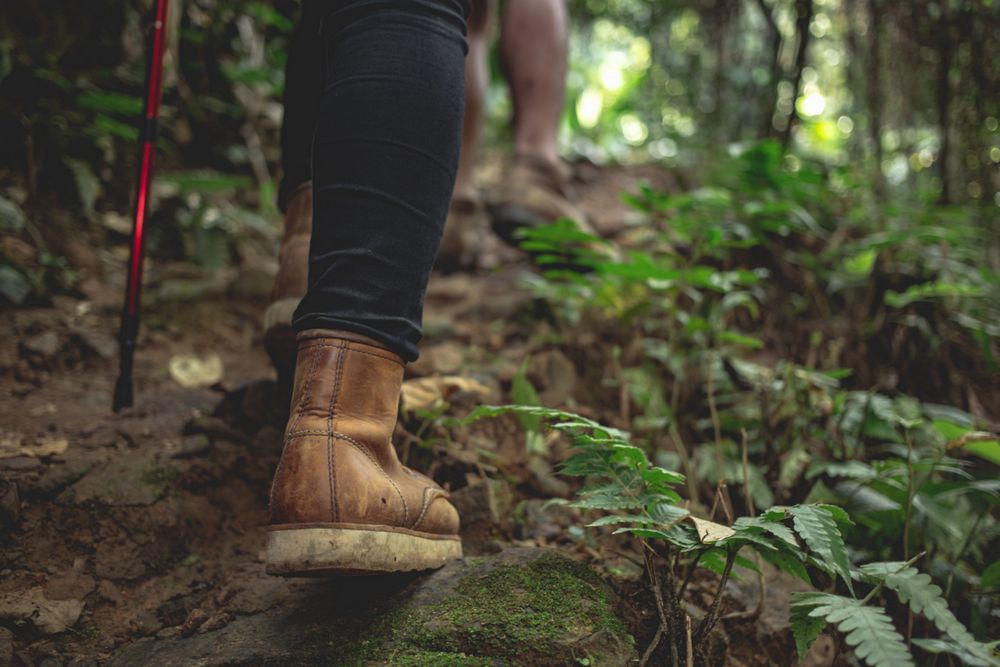 Hiking female boots have fun and enjoy wilderness exploration. Freedom concept trekking